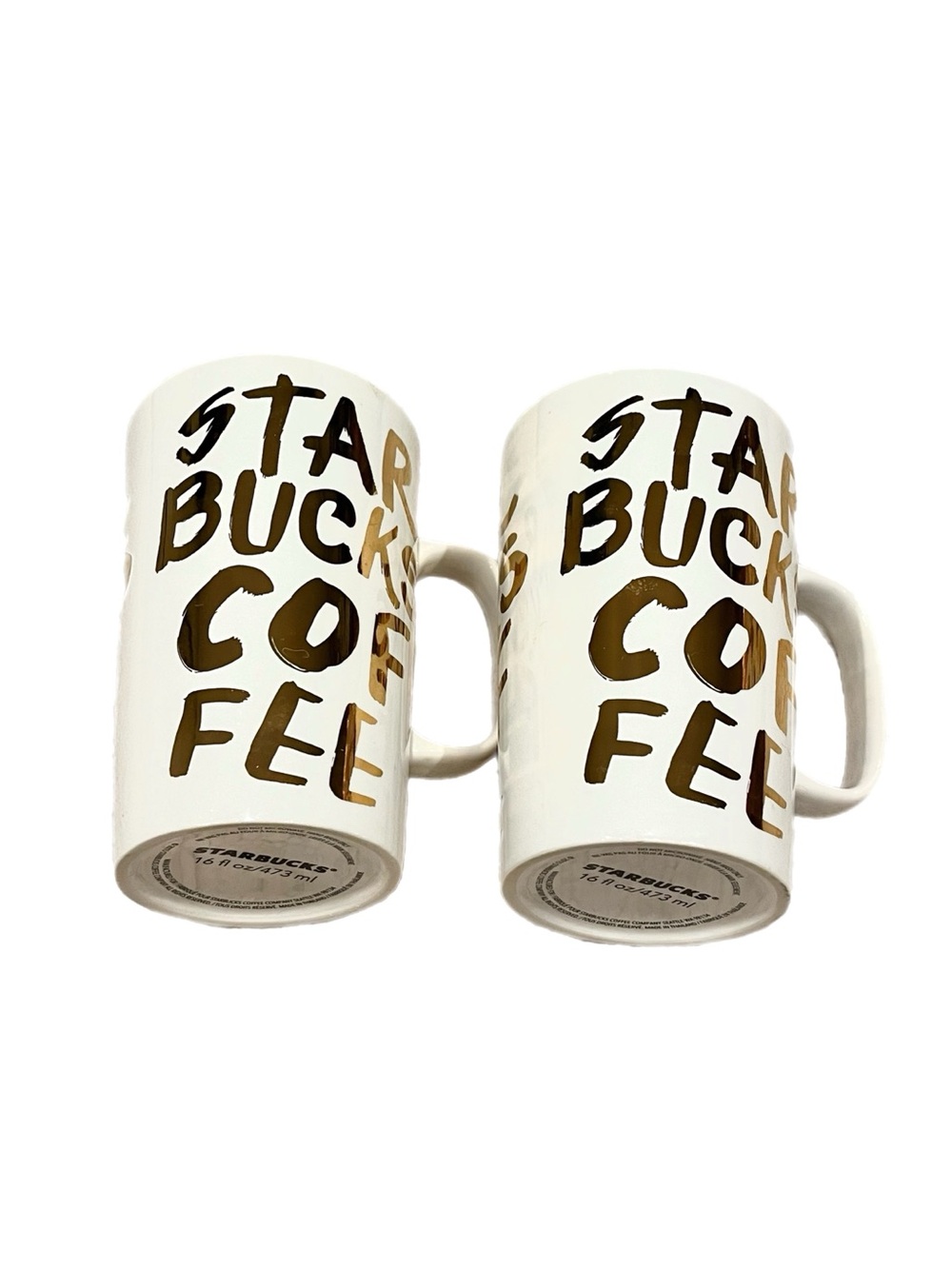 Starbucks 2 pc Piece 2015 White and Gold Lettering 16 fl oz Ceramic Coffee Mugs